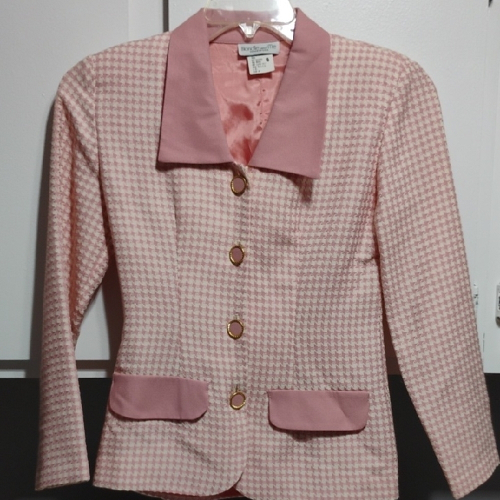 (XX-55) SALE! Blondie And Me Elegant Pink Houndstooth Women's Blazer & Skirt Set - Picture 3 of 9